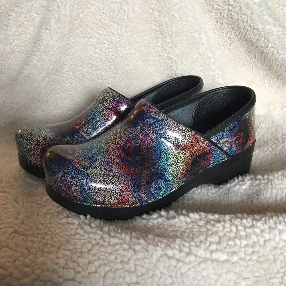 Dansko multi mosaic patent colorful clogs